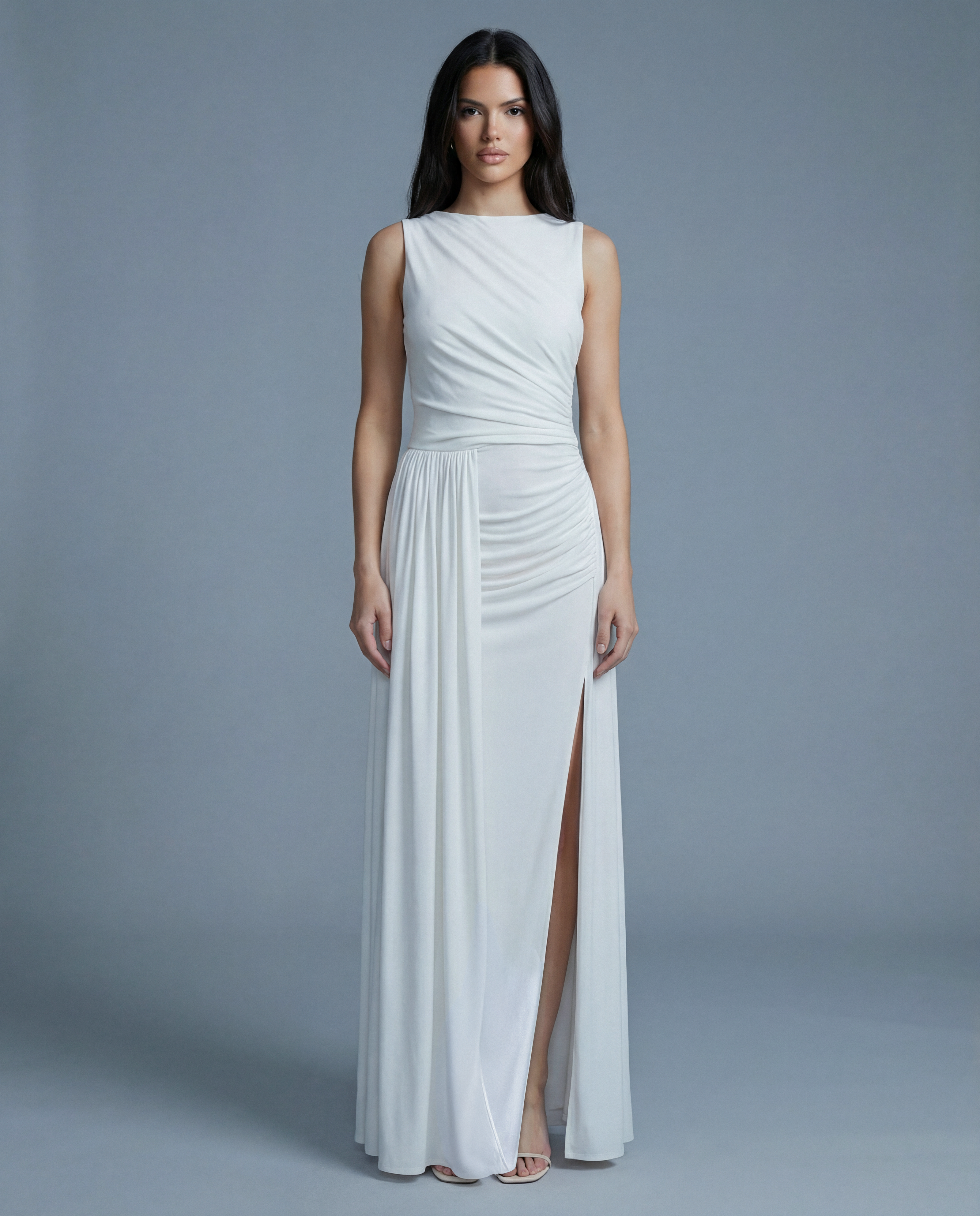 Alessia White Ruched High Slit Maxii Dress NOJESSIA