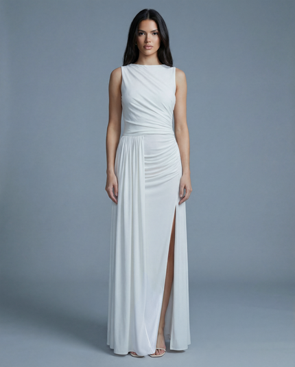 Alessia White Ruched High Slit Maxii Dress NOJESSIA