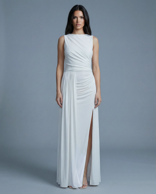 Alessia White Ruched High Slit Maxii Dress NOJESSIA