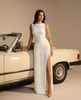 Alessia White Ruched High Slit Maxii Dress NOJESSIA