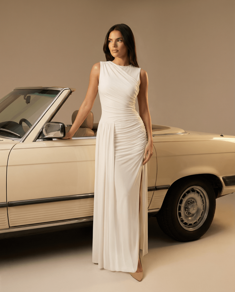 Alessia White Ruched Double Slit Dress - White | NOJESSIA