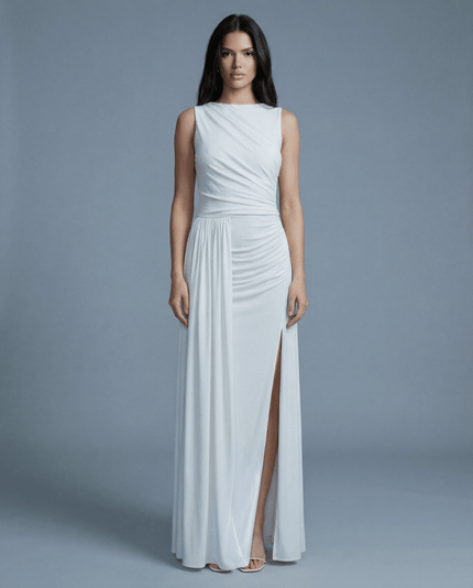 Alessia White Ruched Double Slit Dress - White | NOJESSIA