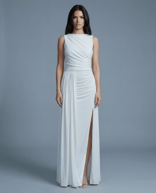 Alessia White Ruched Double Slit Dress - White | NOJESSIA