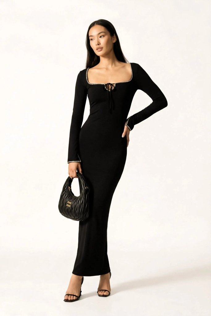 Black crystal embellished Sculpt Dress - Black | NOJESSIA