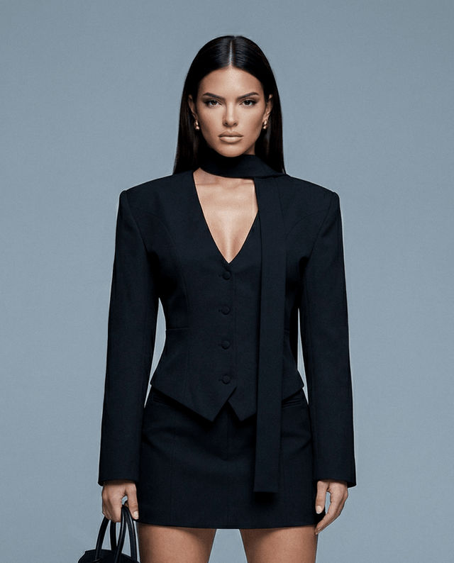 Elara Sculpted Waist Blazer Black - S | NOJESSIA