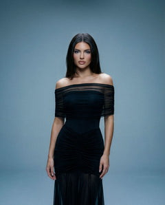Ruched Mesh Gown off shoulder