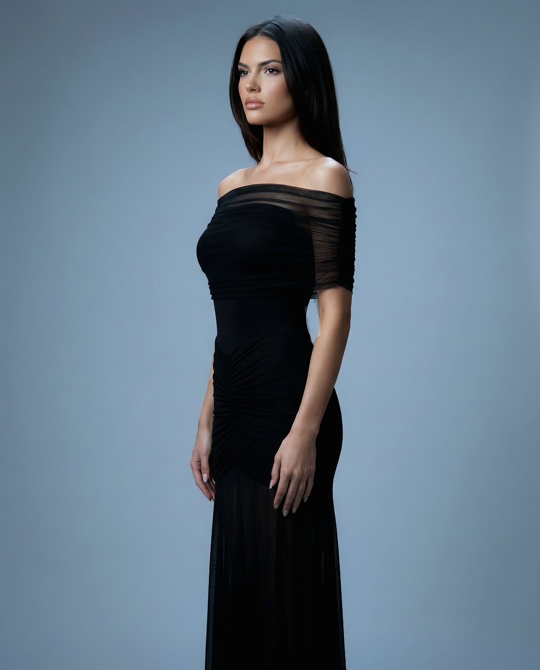 Ruched Mesh Gown Off shoulder NOJESSIA
