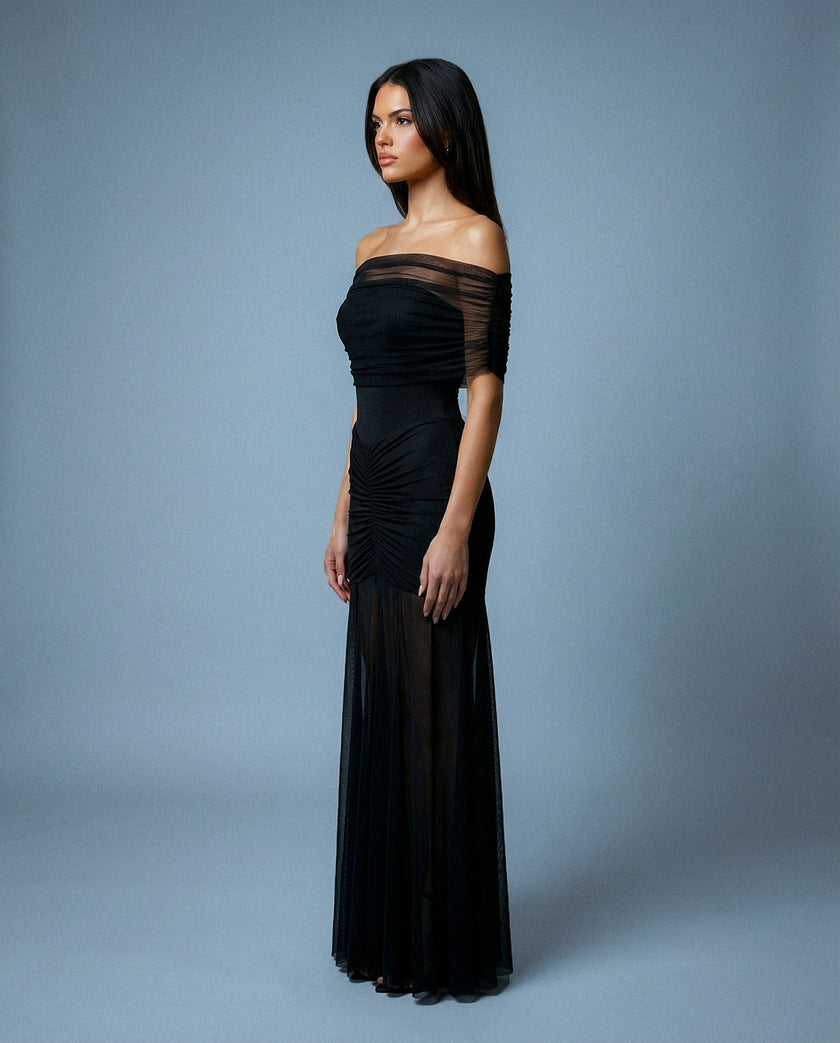 Ruched Mesh Gown off shoulder