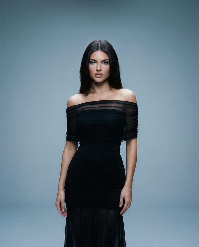 Ruched Mesh Gown Off shoulder