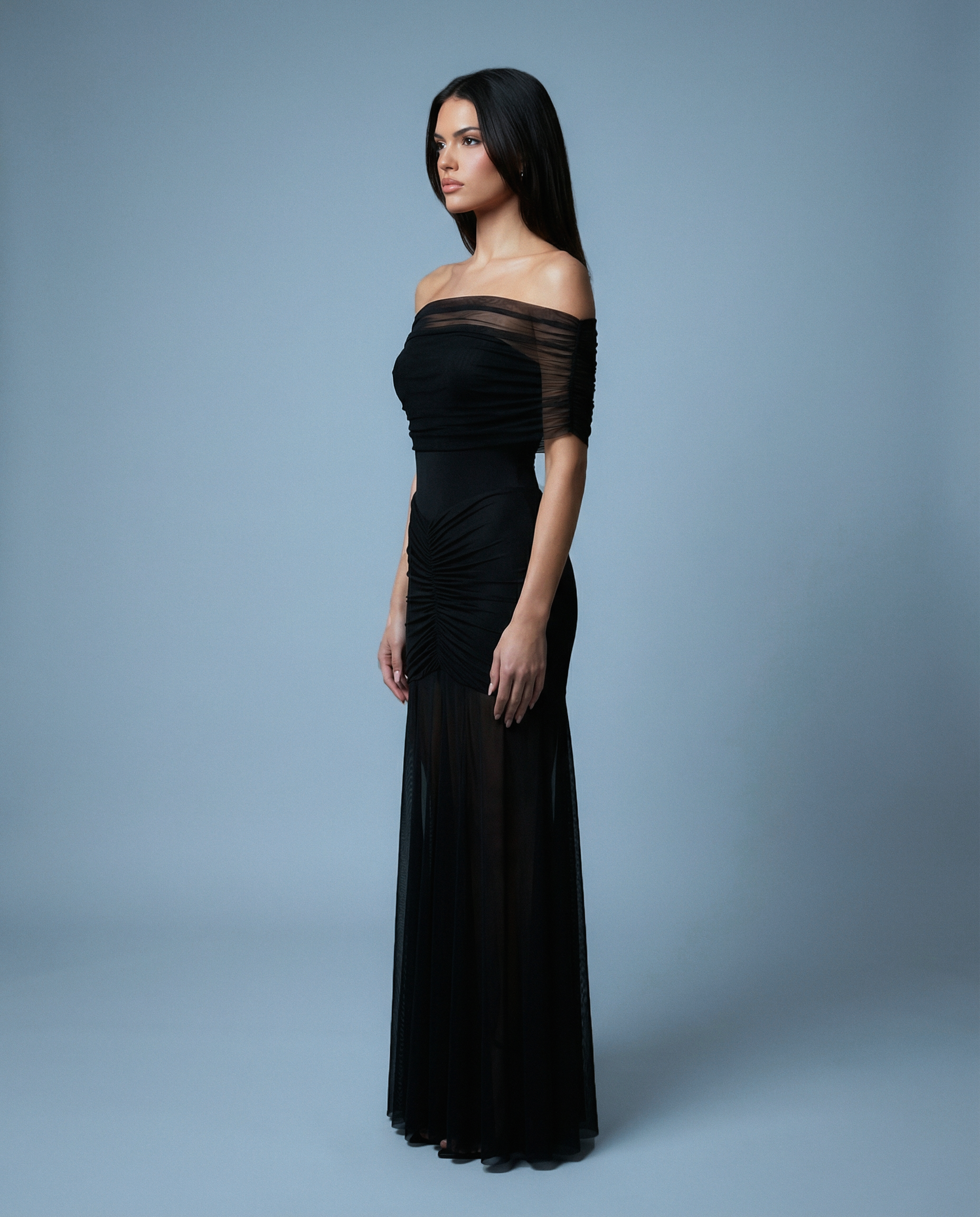 Ruched Mesh Gown Off shoulder NOJESSIA