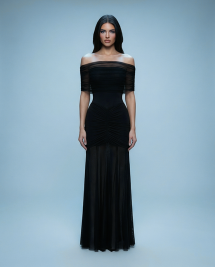 Ruched Mesh Gown Off shoulder