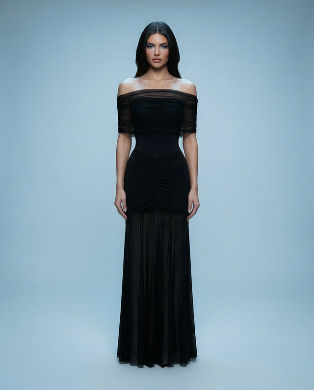 Ruched Mesh Gown Off shoulder