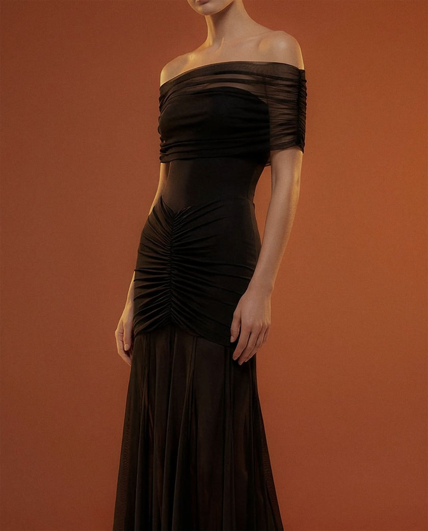 Ruched Mesh Gown Off shoulder