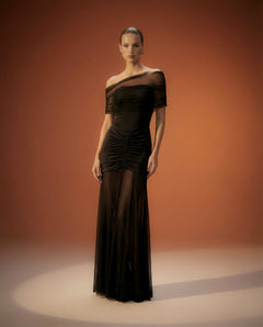 Ruched Mesh Gown Off shoulder