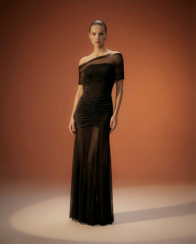 Ruched Mesh Gown Off shoulder